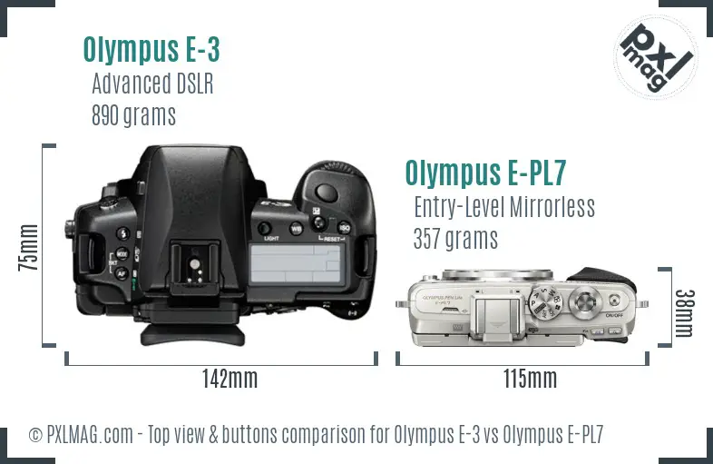 Olympus E-3 vs Olympus E-PL7 top view buttons comparison