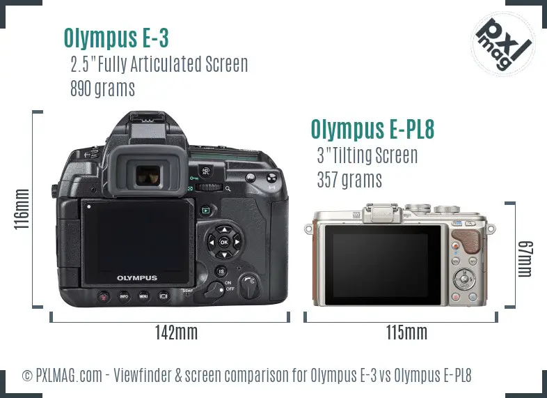 Olympus E-3 vs Olympus E-PL8 Screen and Viewfinder comparison