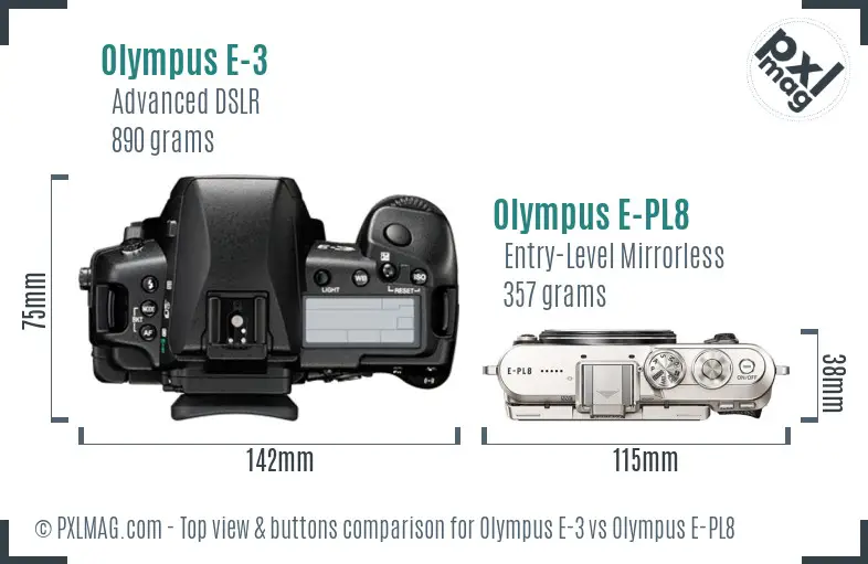 Olympus E-3 vs Olympus E-PL8 top view buttons comparison