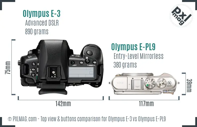 Olympus E-3 vs Olympus E-PL9 top view buttons comparison