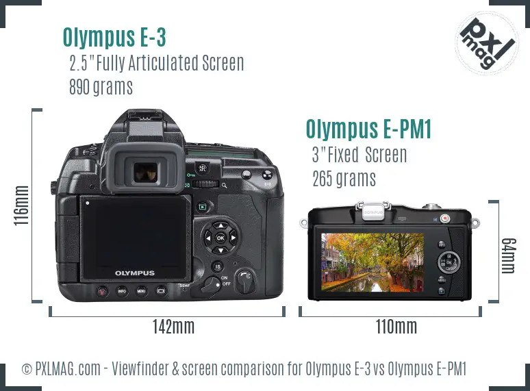 Olympus E-3 vs Olympus E-PM1 Screen and Viewfinder comparison