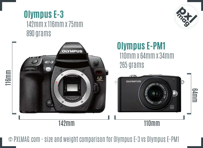 Olympus E-3 vs Olympus E-PM1 size comparison
