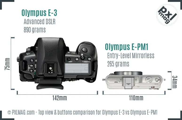 Olympus E-3 vs Olympus E-PM1 top view buttons comparison