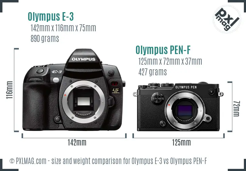 Olympus E-3 vs Olympus PEN-F size comparison
