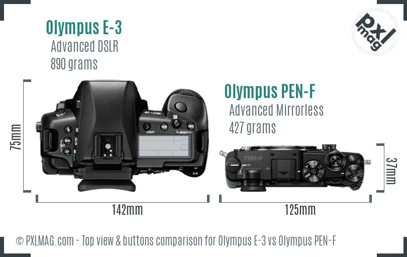Olympus E-3 vs Olympus PEN-F top view buttons comparison
