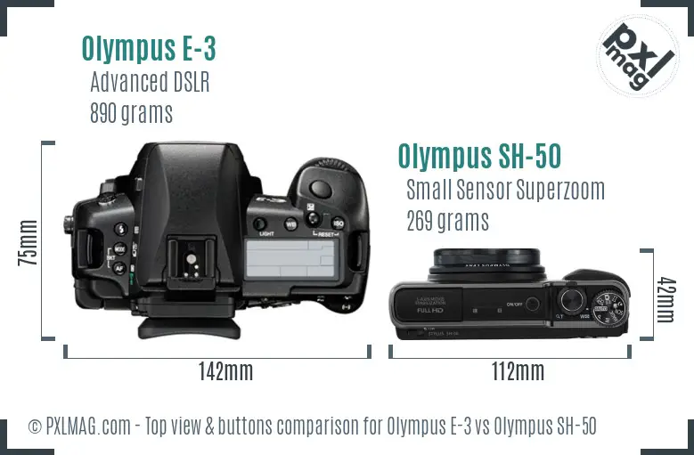 Olympus E-3 vs Olympus SH-50 top view buttons comparison