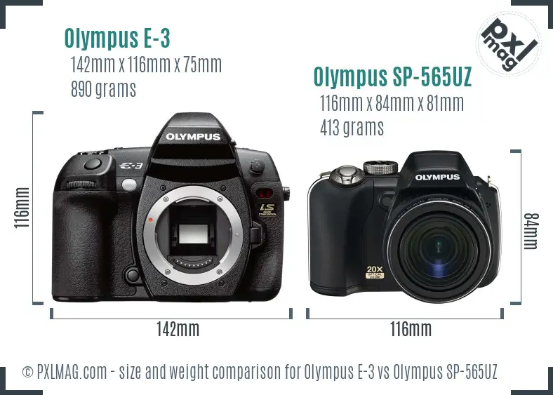Olympus E-3 vs Olympus SP-565UZ size comparison