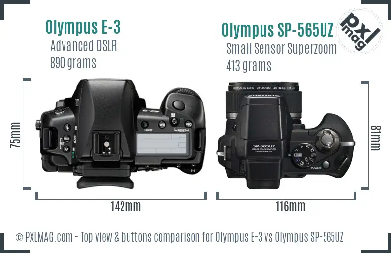 Olympus E-3 vs Olympus SP-565UZ top view buttons comparison