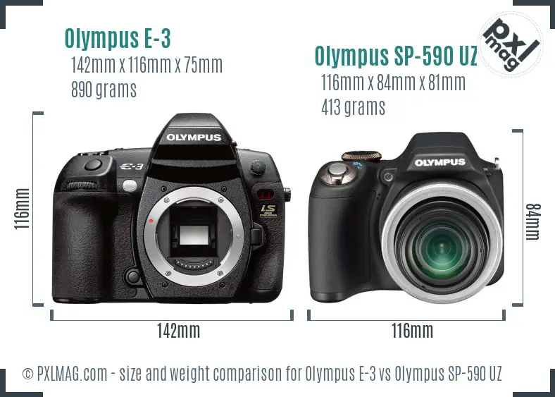 Olympus E-3 vs Olympus SP-590 UZ size comparison