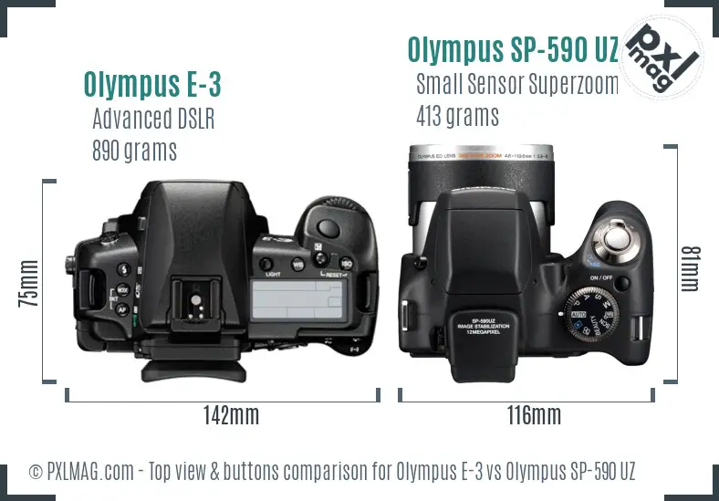 Olympus E-3 vs Olympus SP-590 UZ top view buttons comparison