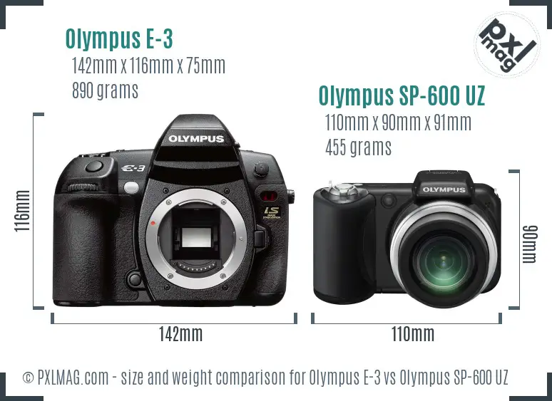 Olympus E-3 vs Olympus SP-600 UZ size comparison