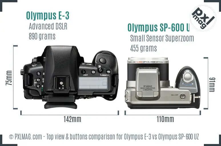 Olympus E-3 vs Olympus SP-600 UZ top view buttons comparison