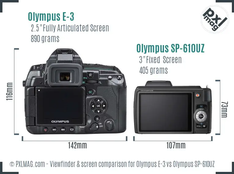 Olympus E-3 vs Olympus SP-610UZ Screen and Viewfinder comparison