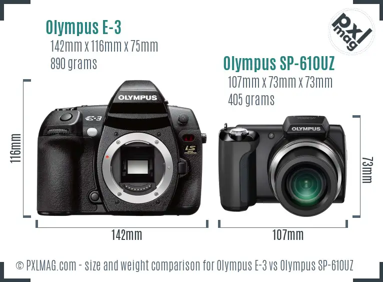 Olympus E-3 vs Olympus SP-610UZ size comparison