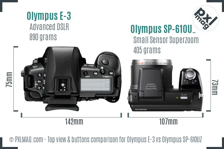Olympus E-3 vs Olympus SP-610UZ top view buttons comparison