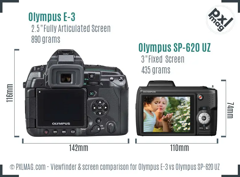 Olympus E-3 vs Olympus SP-620 UZ Screen and Viewfinder comparison