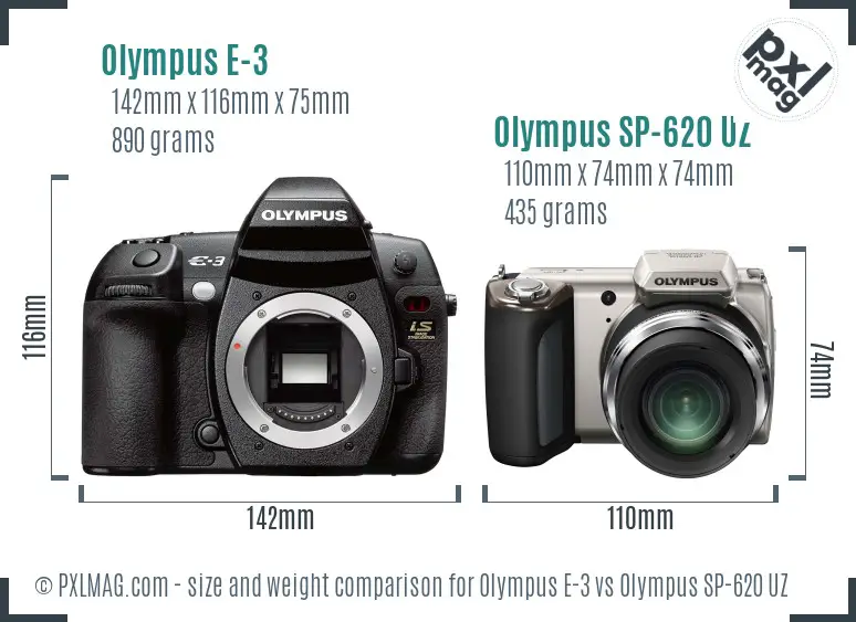 Olympus E-3 vs Olympus SP-620 UZ size comparison