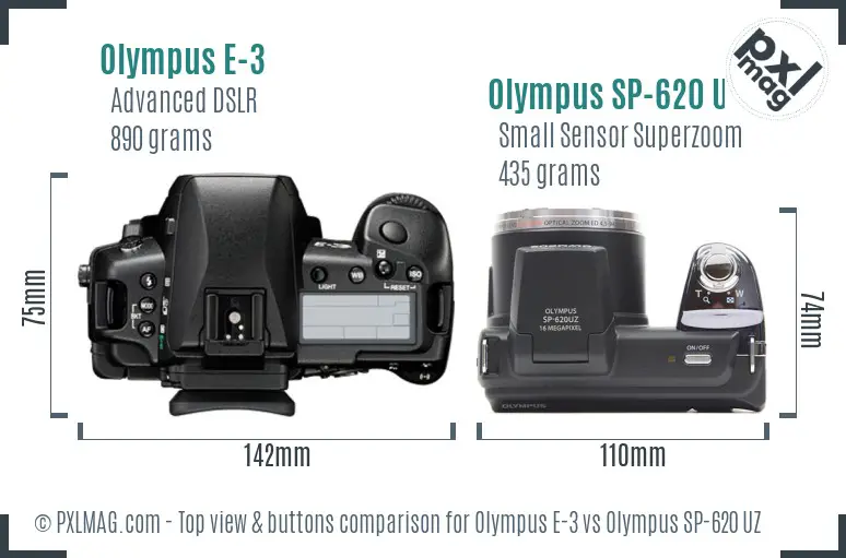 Olympus E-3 vs Olympus SP-620 UZ top view buttons comparison