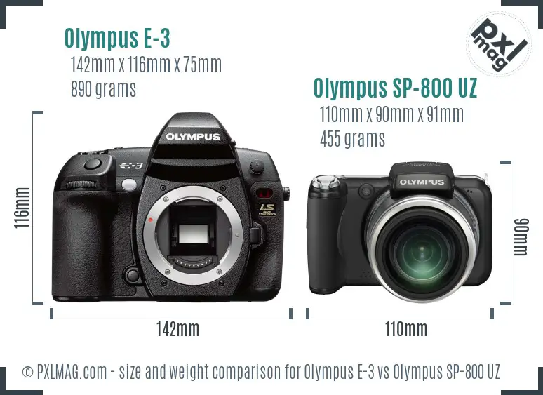 Olympus E-3 vs Olympus SP-800 UZ size comparison