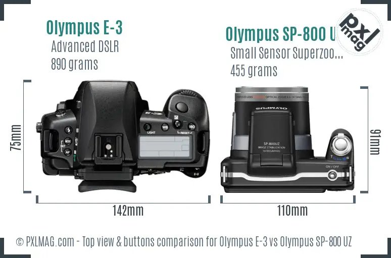 Olympus E-3 vs Olympus SP-800 UZ top view buttons comparison