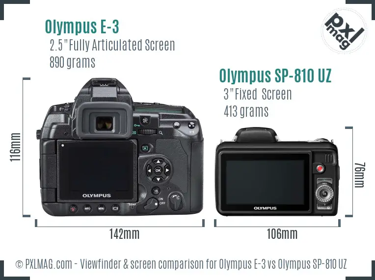Olympus E-3 vs Olympus SP-810 UZ Screen and Viewfinder comparison