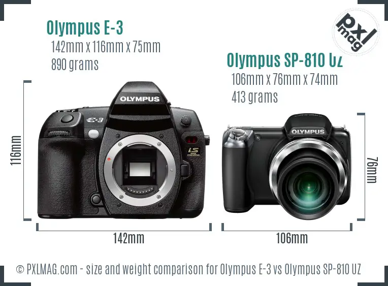 Olympus E-3 vs Olympus SP-810 UZ size comparison
