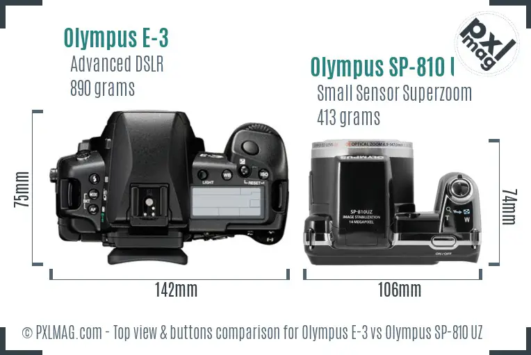 Olympus E-3 vs Olympus SP-810 UZ top view buttons comparison