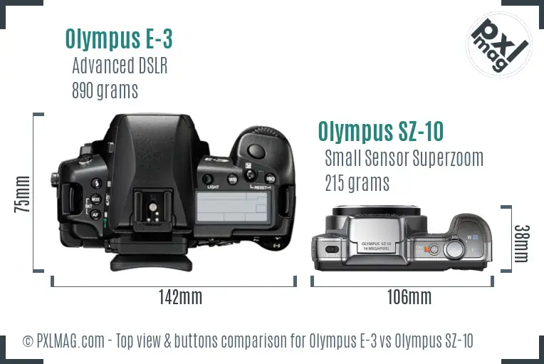 Olympus E-3 vs Olympus SZ-10 top view buttons comparison