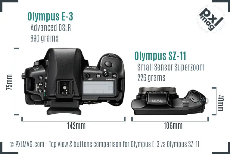 Olympus E-3 vs Olympus SZ-11 top view buttons comparison