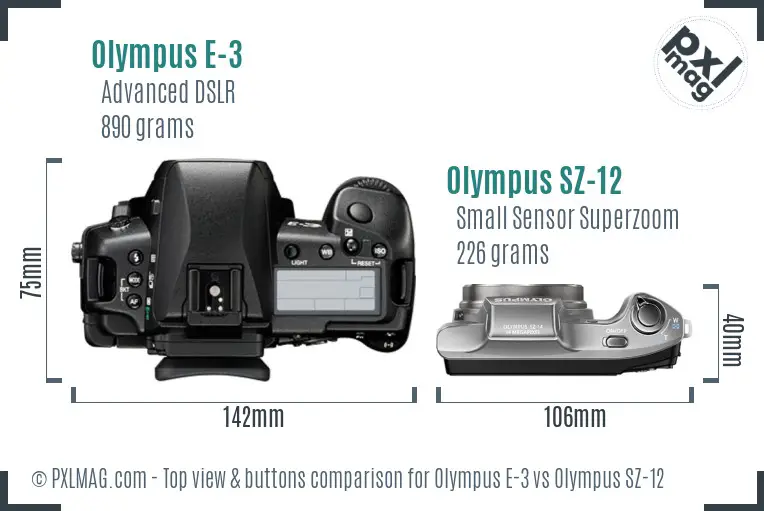 Olympus E-3 vs Olympus SZ-12 top view buttons comparison
