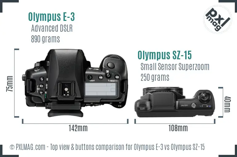 Olympus E-3 vs Olympus SZ-15 top view buttons comparison