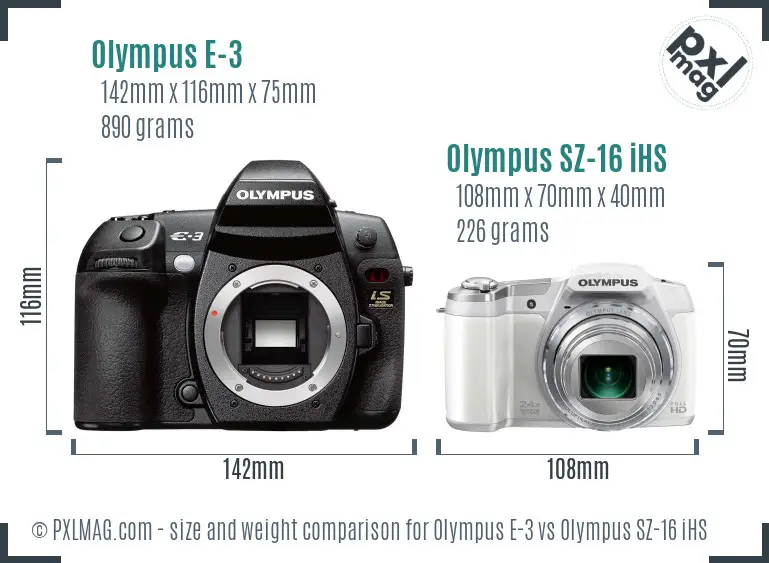 Olympus E-3 vs Olympus SZ-16 iHS size comparison