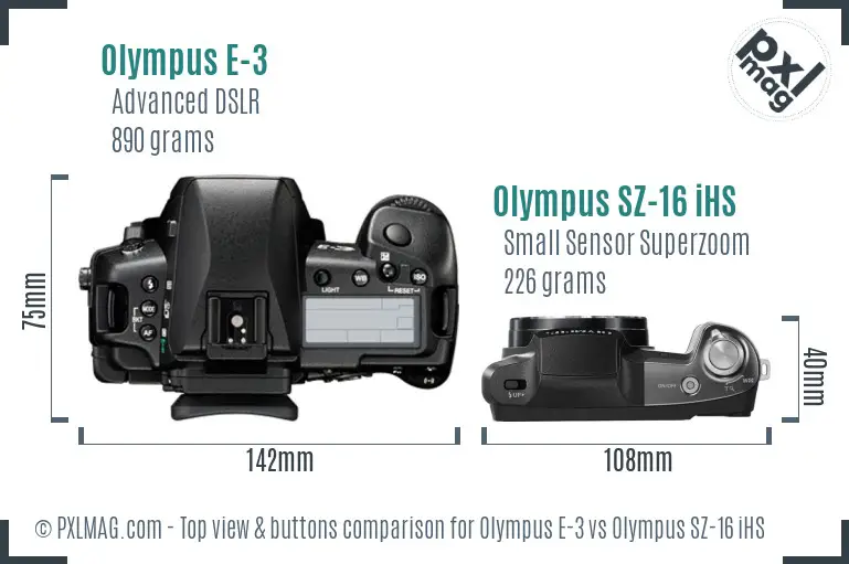 Olympus E-3 vs Olympus SZ-16 iHS top view buttons comparison