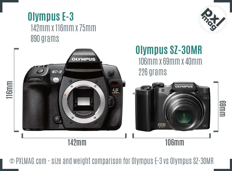 Olympus E-3 vs Olympus SZ-30MR size comparison