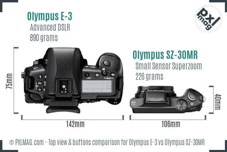 Olympus E-3 vs Olympus SZ-30MR top view buttons comparison