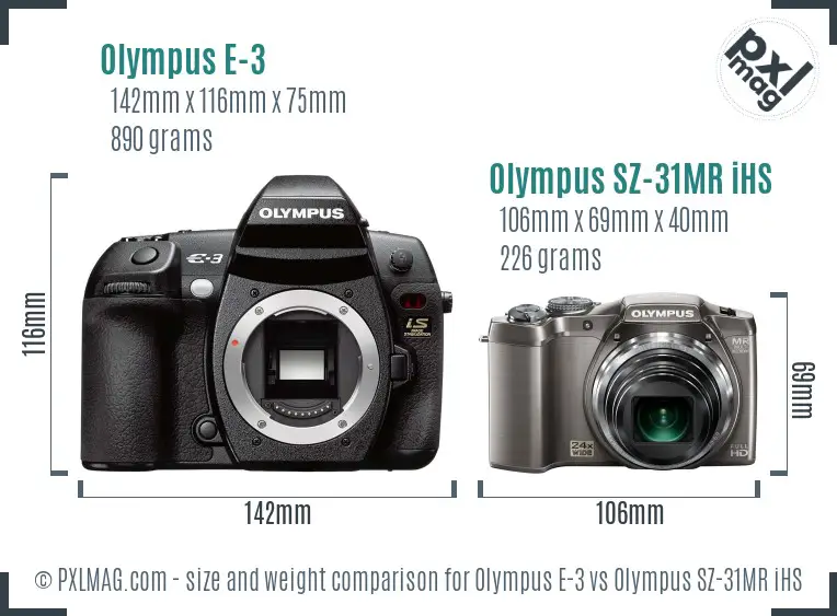Olympus E-3 vs Olympus SZ-31MR iHS size comparison