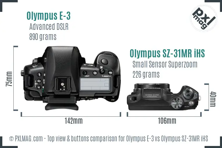 Olympus E-3 vs Olympus SZ-31MR iHS top view buttons comparison