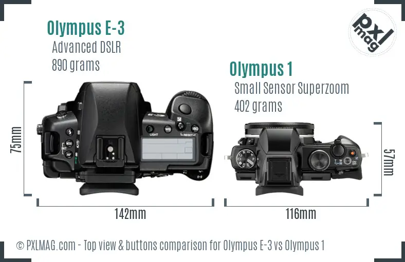 Olympus E-3 vs Olympus 1 top view buttons comparison