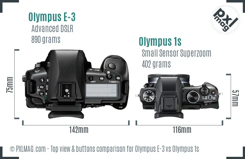 Olympus E-3 vs Olympus 1s top view buttons comparison