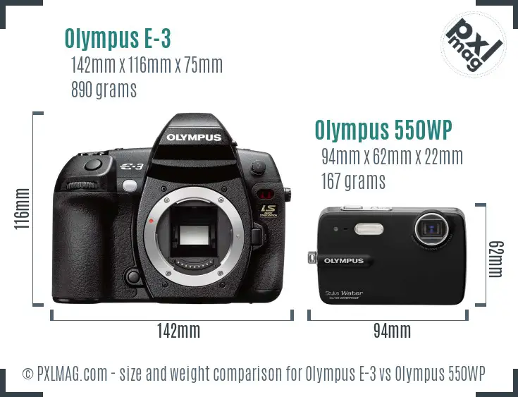 Olympus E-3 vs Olympus 550WP size comparison