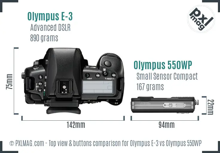 Olympus E-3 vs Olympus 550WP top view buttons comparison