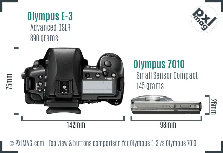 Olympus E-3 vs Olympus 7010 top view buttons comparison
