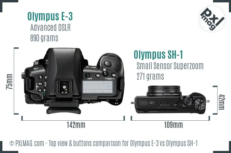 Olympus E-3 vs Olympus SH-1 top view buttons comparison