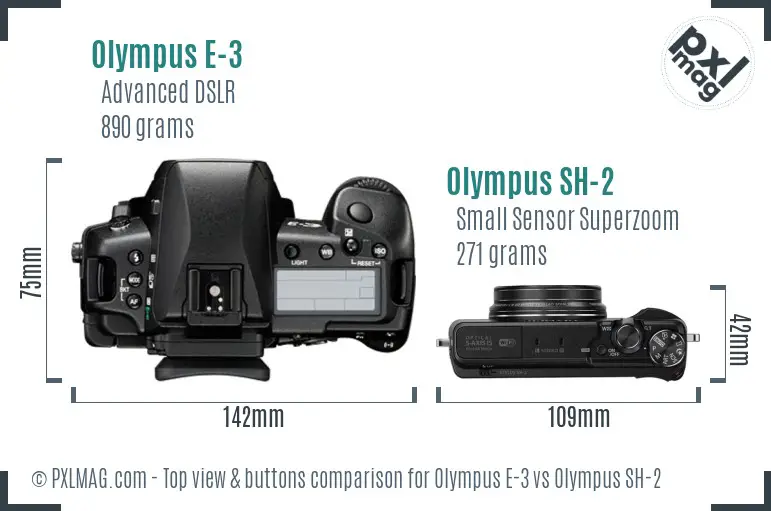 Olympus E-3 vs Olympus SH-2 top view buttons comparison