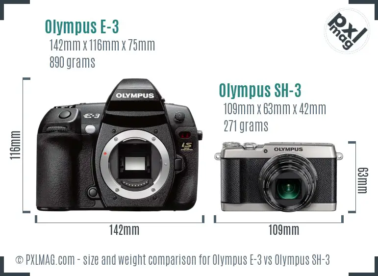 Olympus E-3 vs Olympus SH-3 size comparison