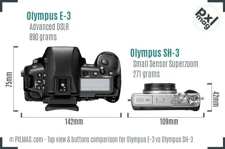 Olympus E-3 vs Olympus SH-3 top view buttons comparison