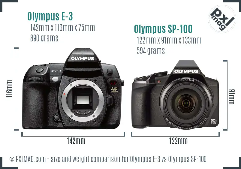 Olympus E-3 vs Olympus SP-100 size comparison