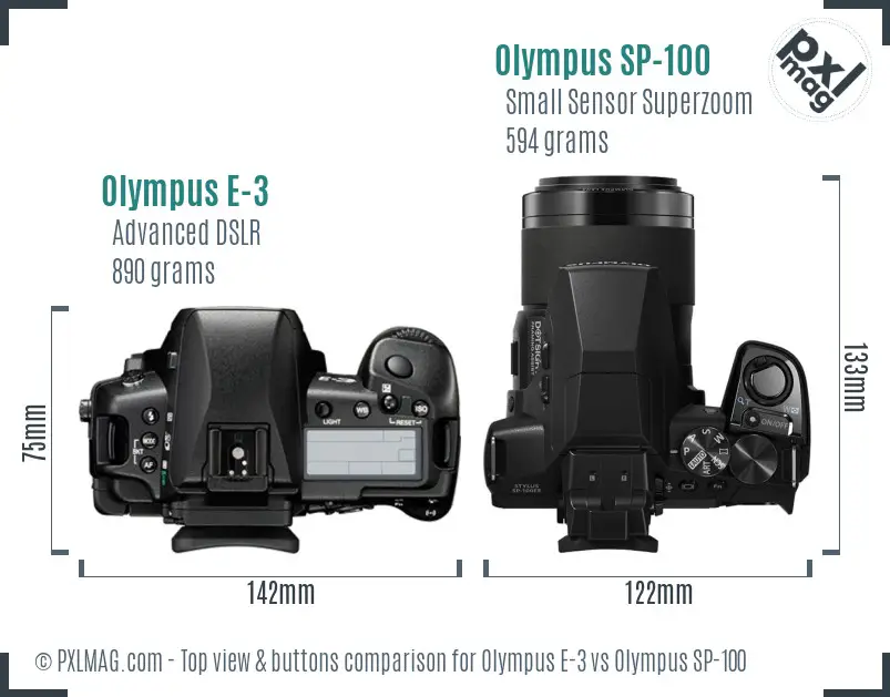 Olympus E-3 vs Olympus SP-100 top view buttons comparison