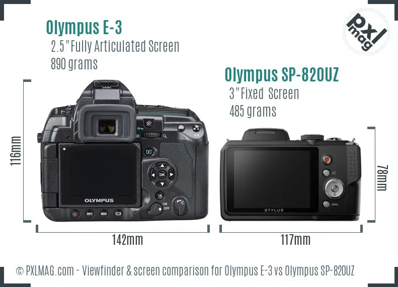 Olympus E-3 vs Olympus SP-820UZ Screen and Viewfinder comparison