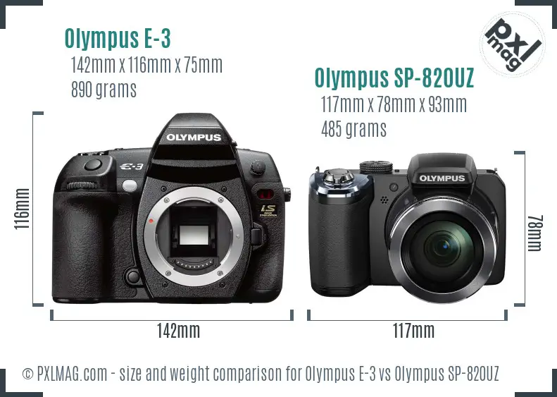 Olympus E-3 vs Olympus SP-820UZ size comparison